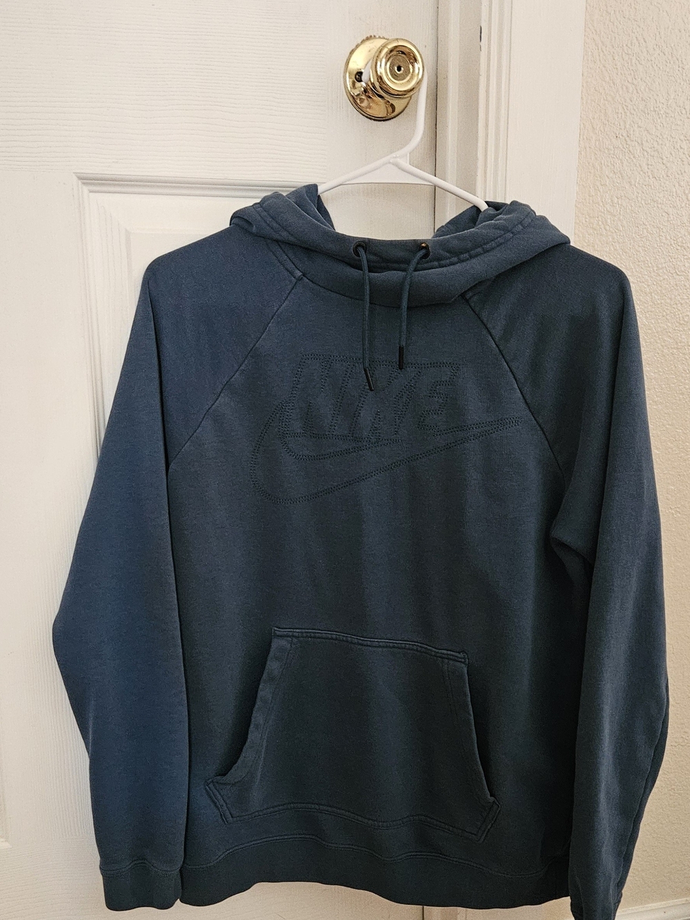 Nike Men's Dark Teal Pullover Hoodie with Embossed Logo - Small